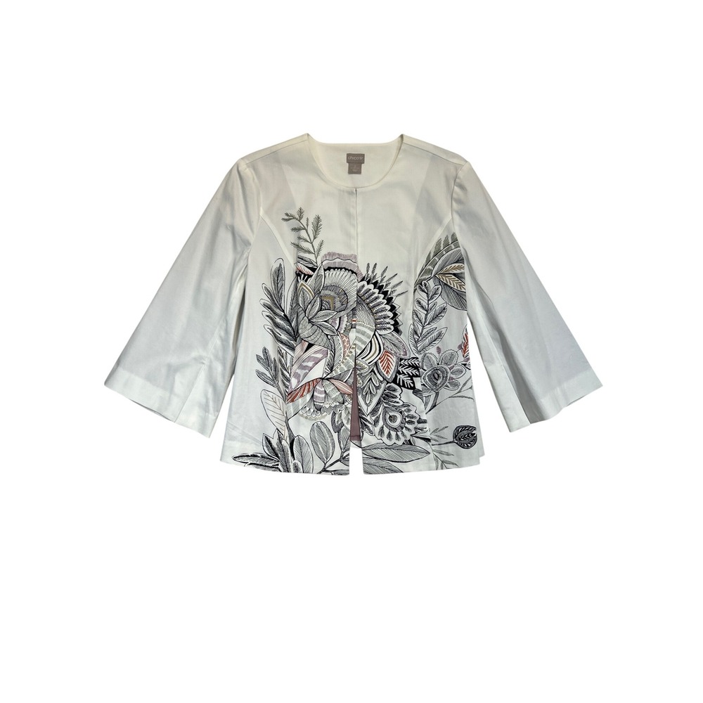 Chico's Jacket Women's 2 US Size 12/14 White Floral Print Open‎ Front
